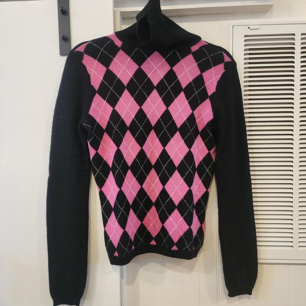 Apt 9 100% Cashmere Small Pullover Turtleneck Sweater Argyle Black Pink Preppy